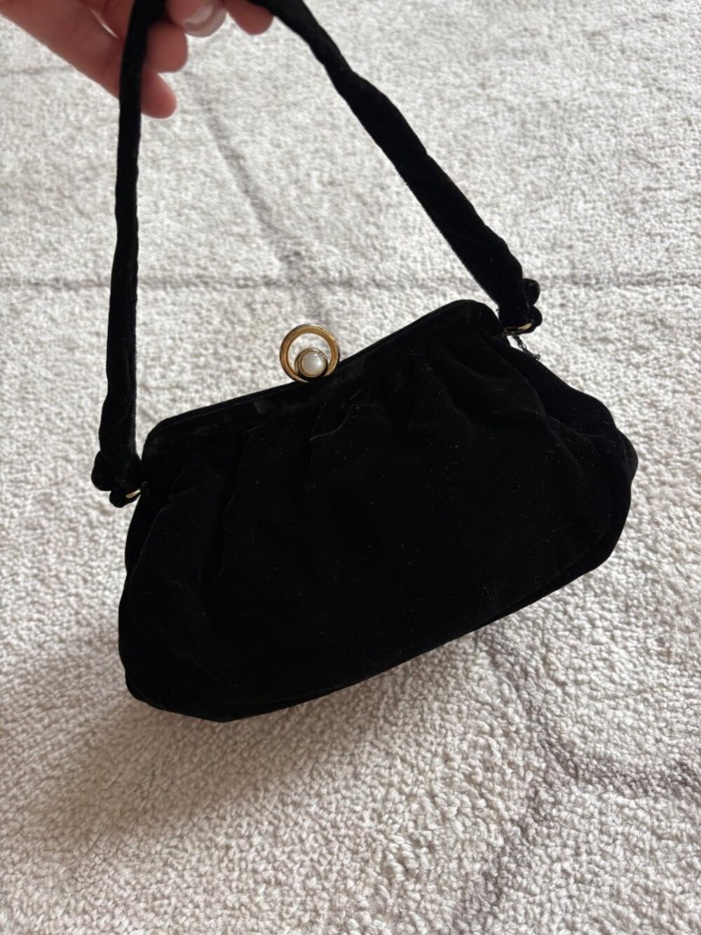 Vintage Black Velvet Evening Bag Gold/Pearl Clasp Formal Cocktail Purse